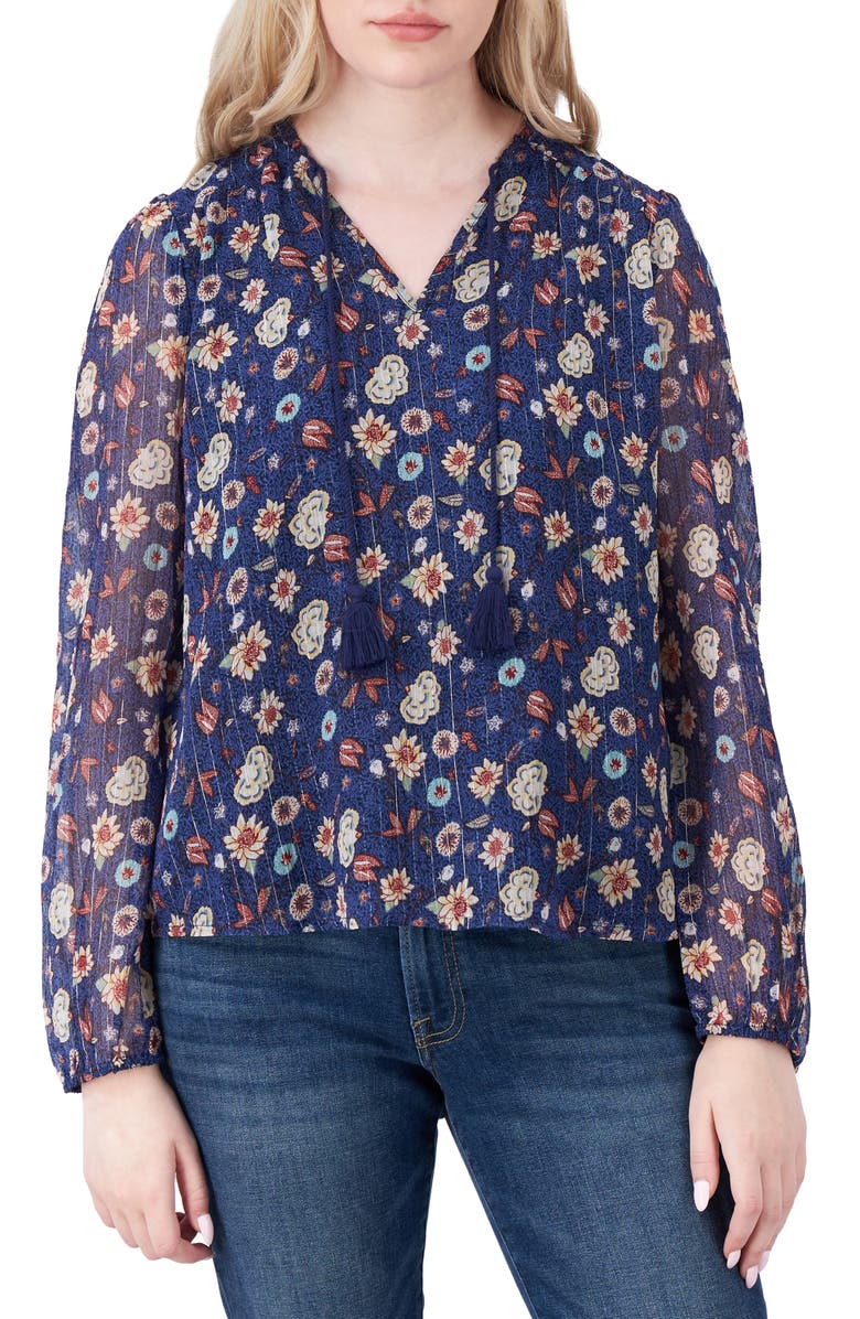 Lucky Brand Floral Long Sleeve Blouse, Main, color, Navy Multi