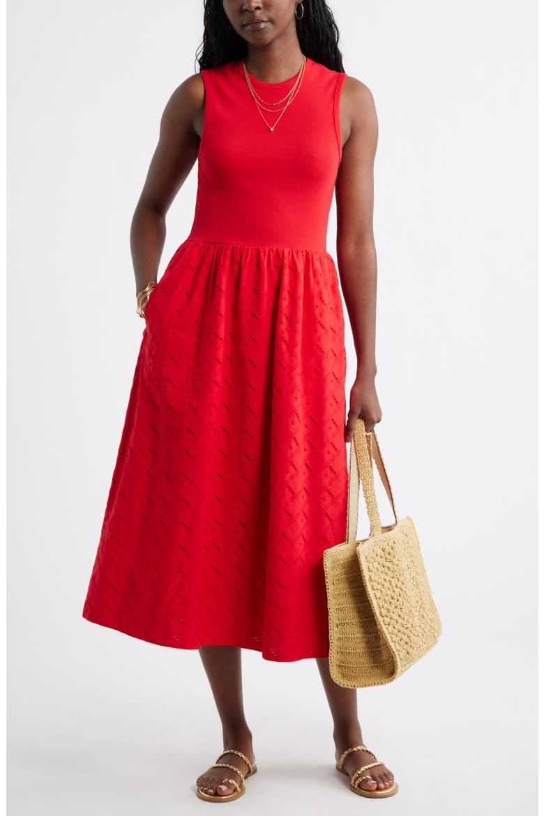 Mixed Media Midi Dress, Alternate, color, RED RADISH