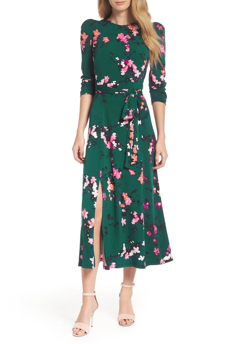 Floral Print Midi Dress, Main, color, GREEN
