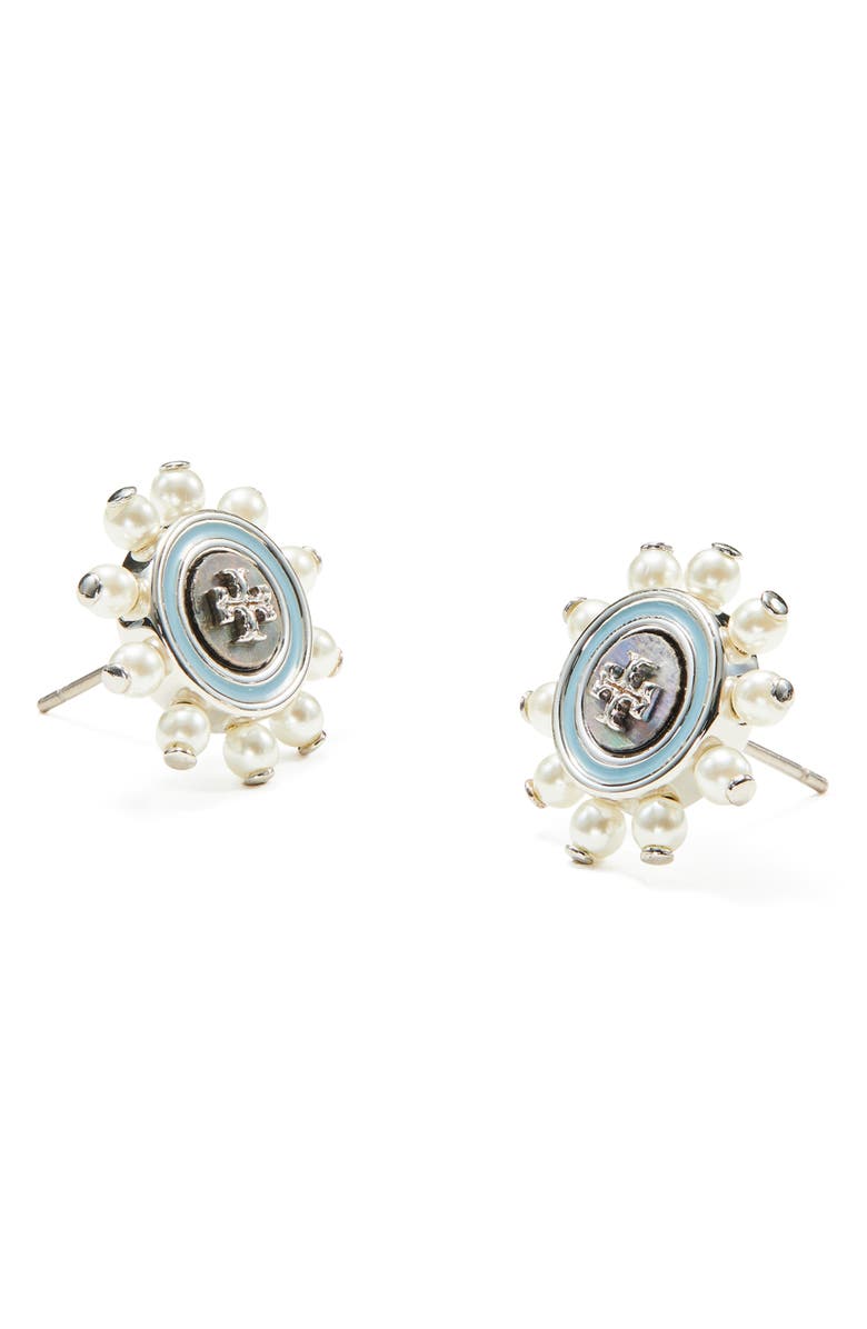 Tory Burch Kira Faux Pearl Stud Earrings, Alternate, color, Blue / Pearl