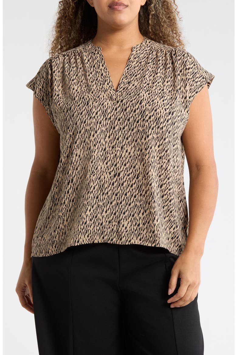 Growover Print Shirred V-Neck Top, Main, color, BEIGE HUMMUS- BLACK CAMO