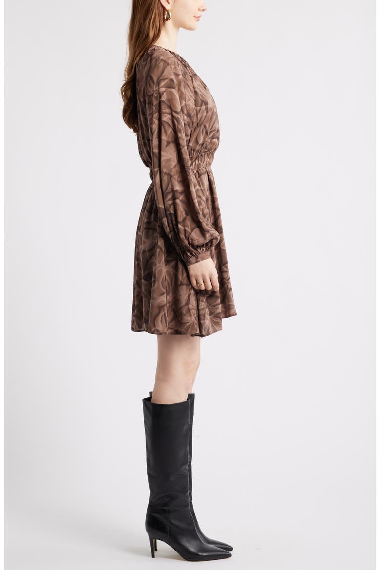 Shirred Waist Long Sleeve Minidress, Alternate, color, BROWN- TAN GLOWING LEAVES