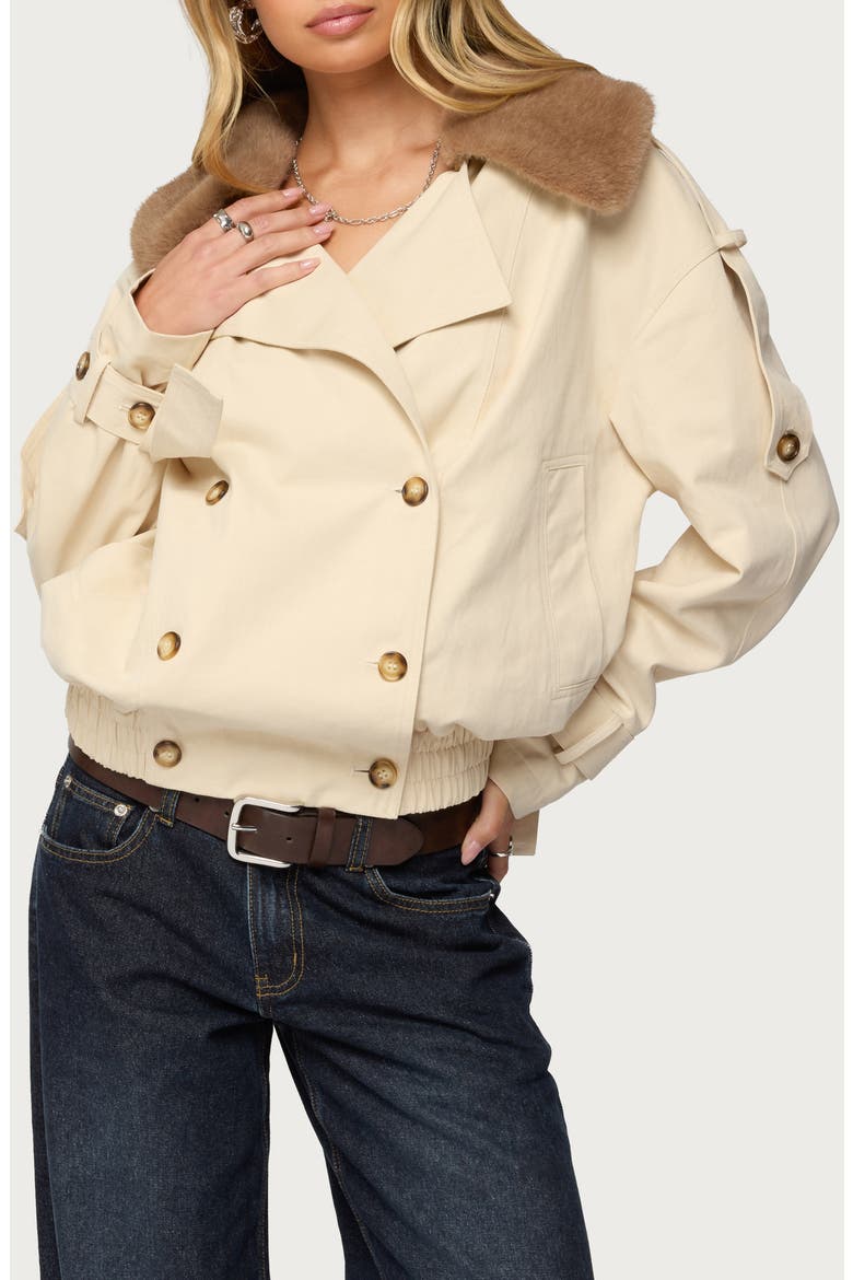 Crop Cotton Trench Coat with Removable Faux Fur Collar, Alternate, color, BEIGE