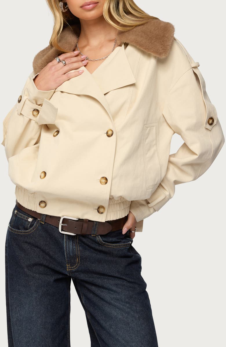 EDIKTED Crop Cotton Trench Coat with Removable Faux Fur Collar, Alternate, color,