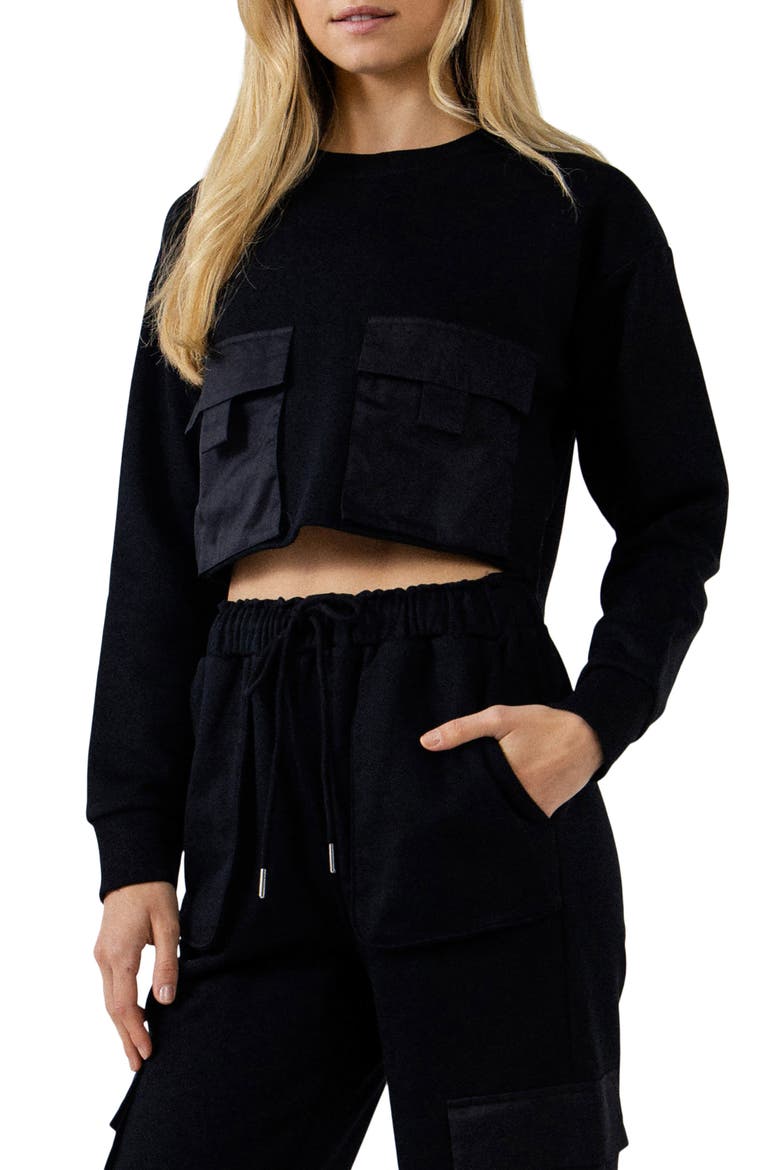 Crop Pocket Cotton Sweatshirt, Alternate, color, BLACK
