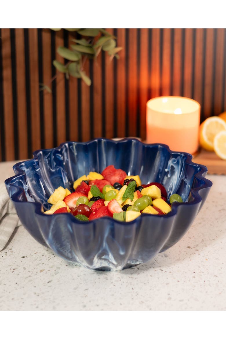 Resin Serving Bowl - Marbled Blue Scalloped Decorative Bowl, Shatterproof 11-Inch Fruit & Centerpiece Bowl for Indoor & Outdoor Luxury Entertaining, Alternate, color, Blue