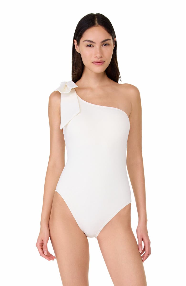 Kate Spade New York Shoulder Bow Tie One Shoulder One Piece Swimsuit, Main, color, Cream