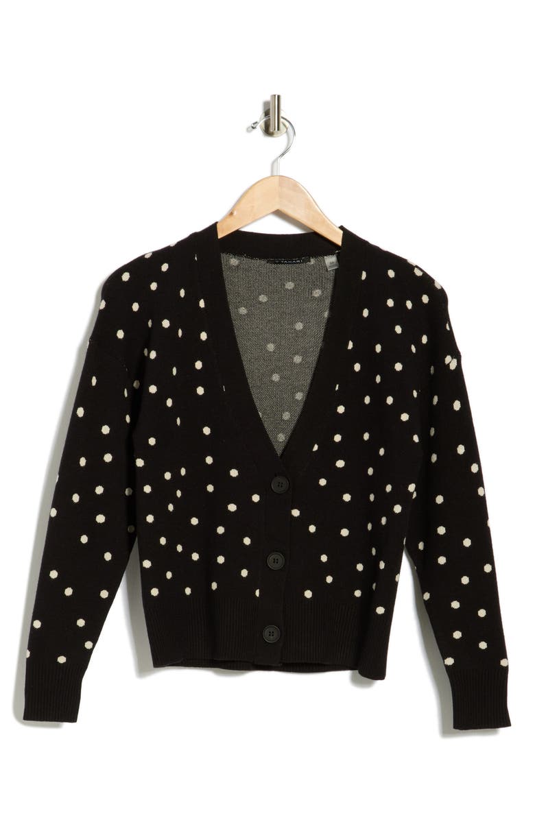 Tahari V-Neck Crop Cardigan, Alternate, color, Black / White Dot