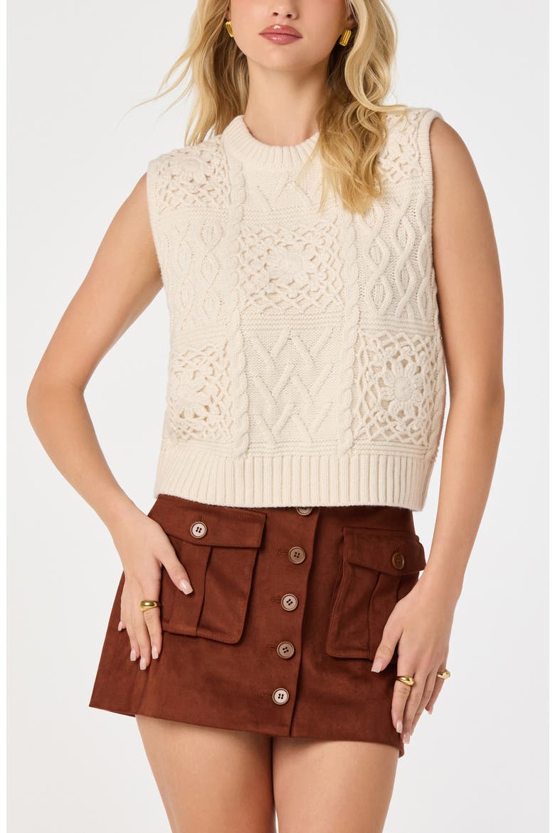 Edlyn Patchwork Cable Knit Sweater Vest, Alternate, color, CREAM