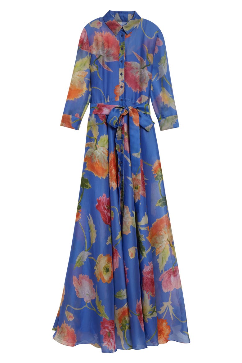 Poppy Print Belted Silk Organza Gown, Alternate, color, BLUEBELL MULTI