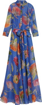 Carolina Herrera Poppy Print Belted Silk Organza Gown