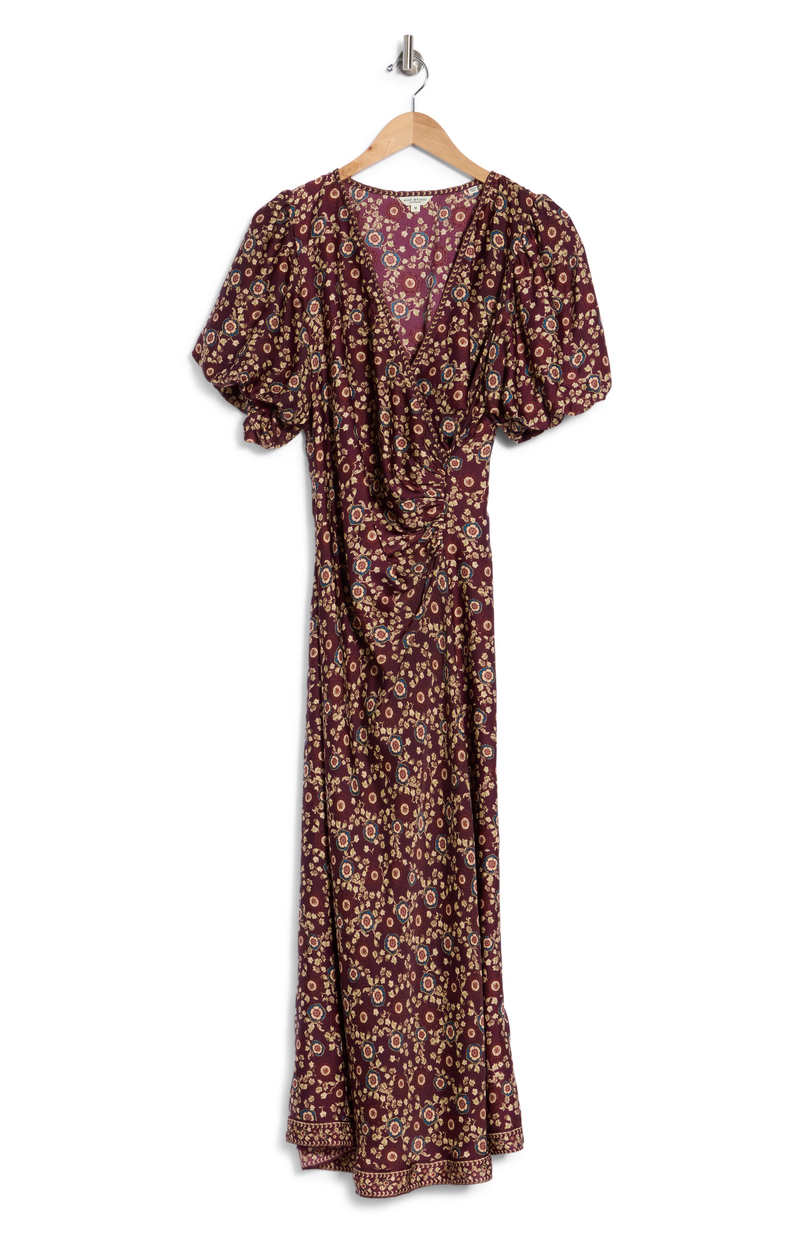 Surplice Neck Balloon Sleeved Midi Dress