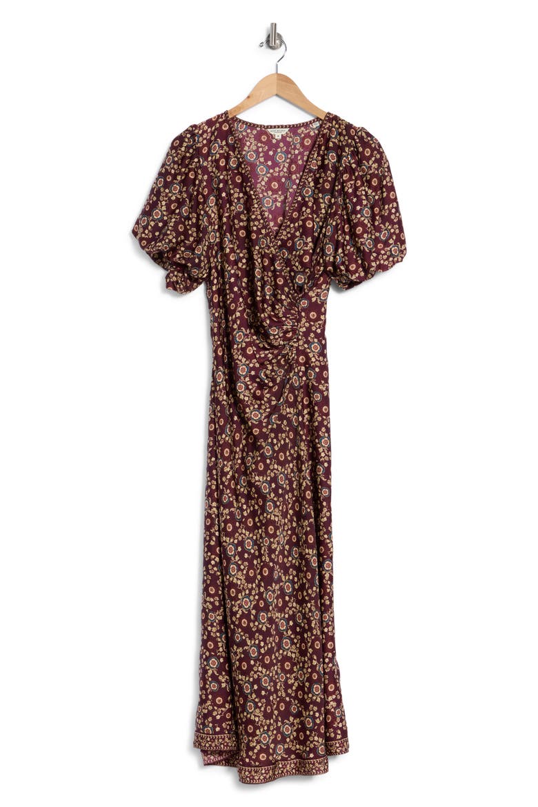 Surplice Neck Balloon Sleeved Midi Dress, Main, color, BURGUNDY/ BEIGE