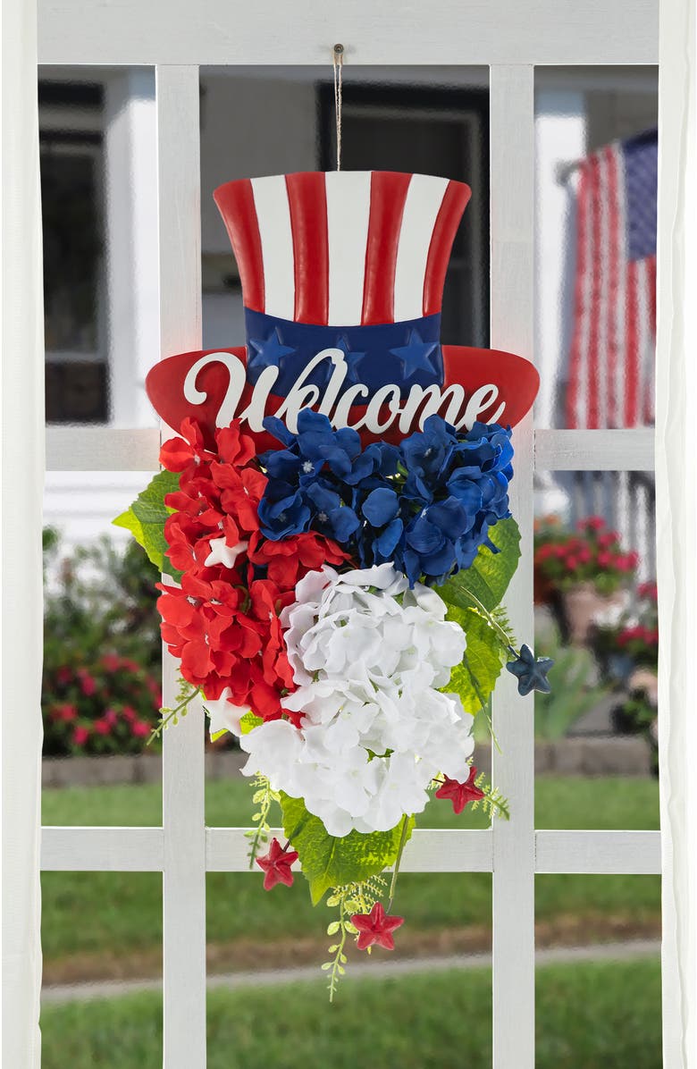 Glitzhome Patriotic Americana Metal Top Hat & Hydrangea Swag Wall Decor, Alternate, color, Blue