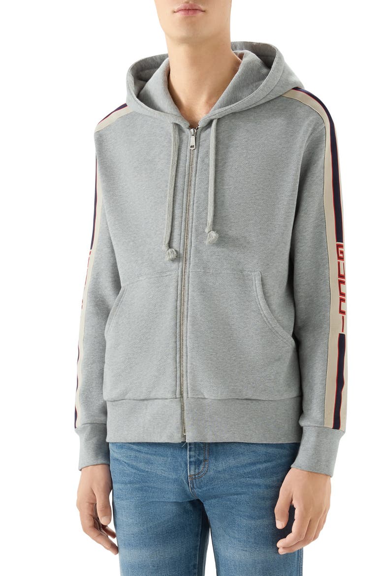 Logo Stripe Hoodie, Main, color, MEDIUM GREY/ MILK/ RED
