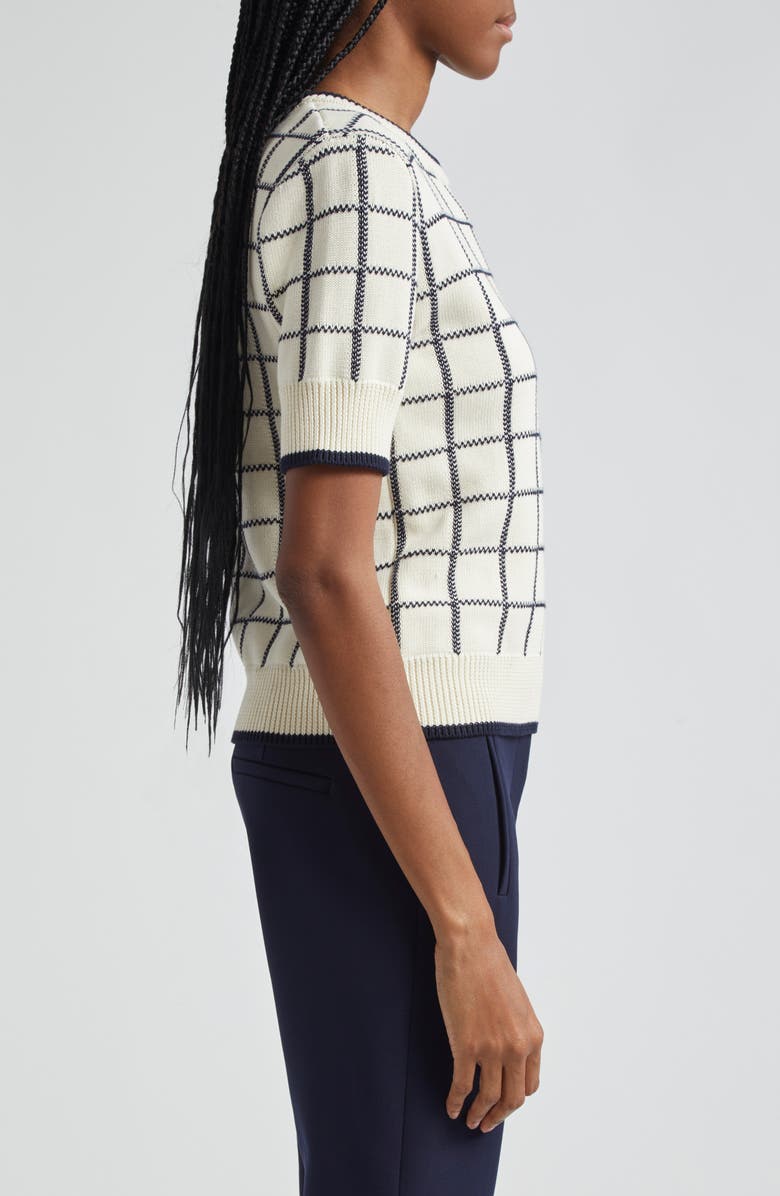 Veronica Beard Windowpane Check Short Sleeve Cotton Sweater, Alternate, color, Ivory/ Navy