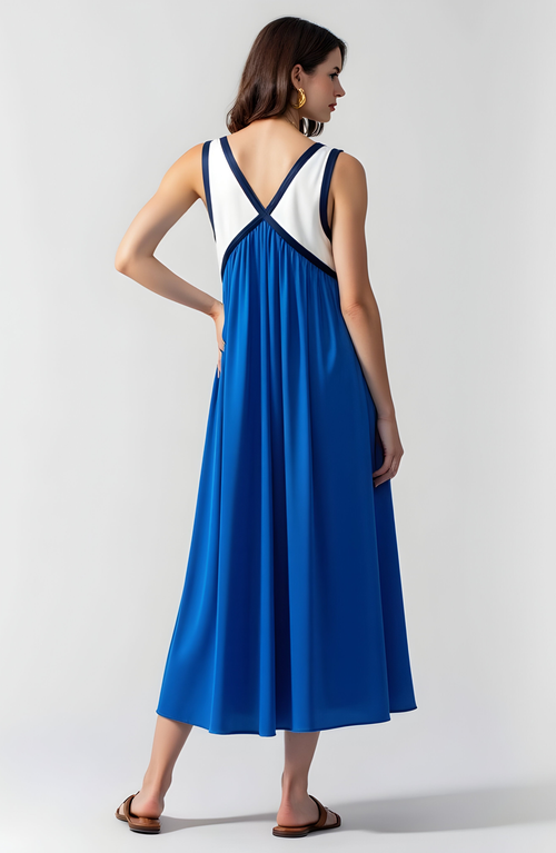 Modenaire Sleeveless Colorblock Maxi Dress With Empire Waist And V-neckline In Blue