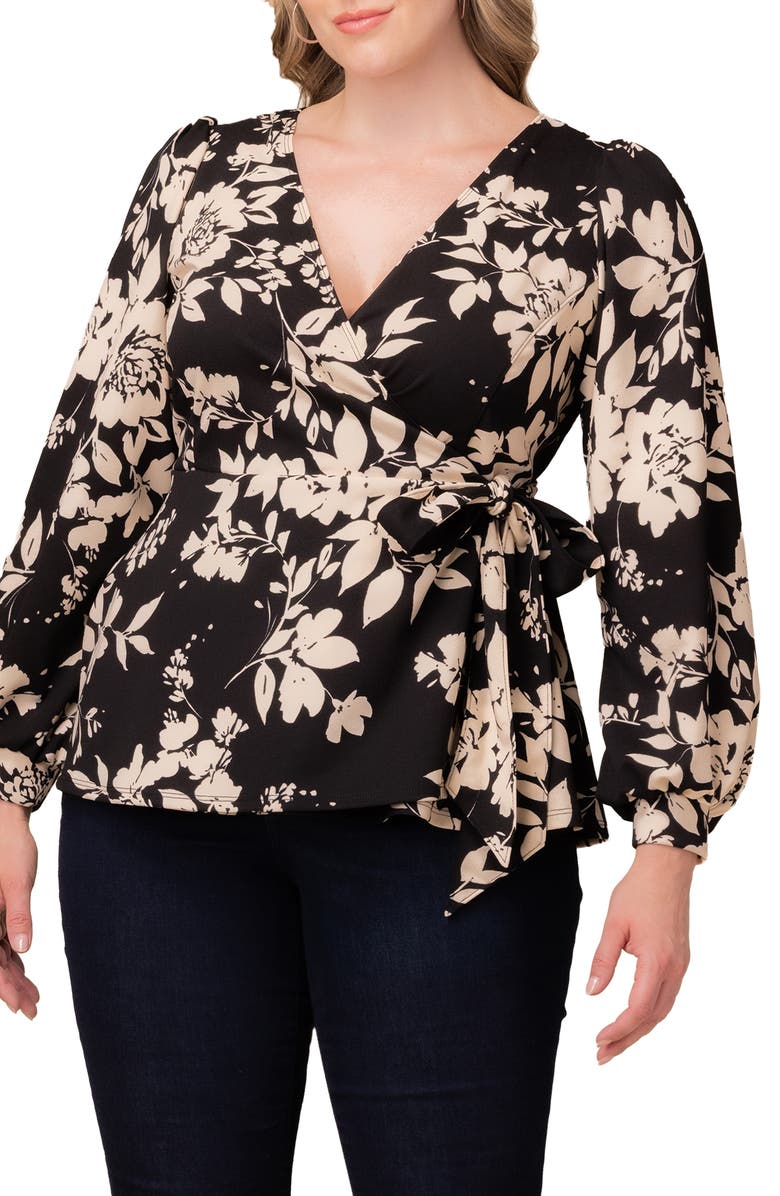 Kiyonna Natasha Print Wrap Top, Alternate, color, Vintage Ivory Florals