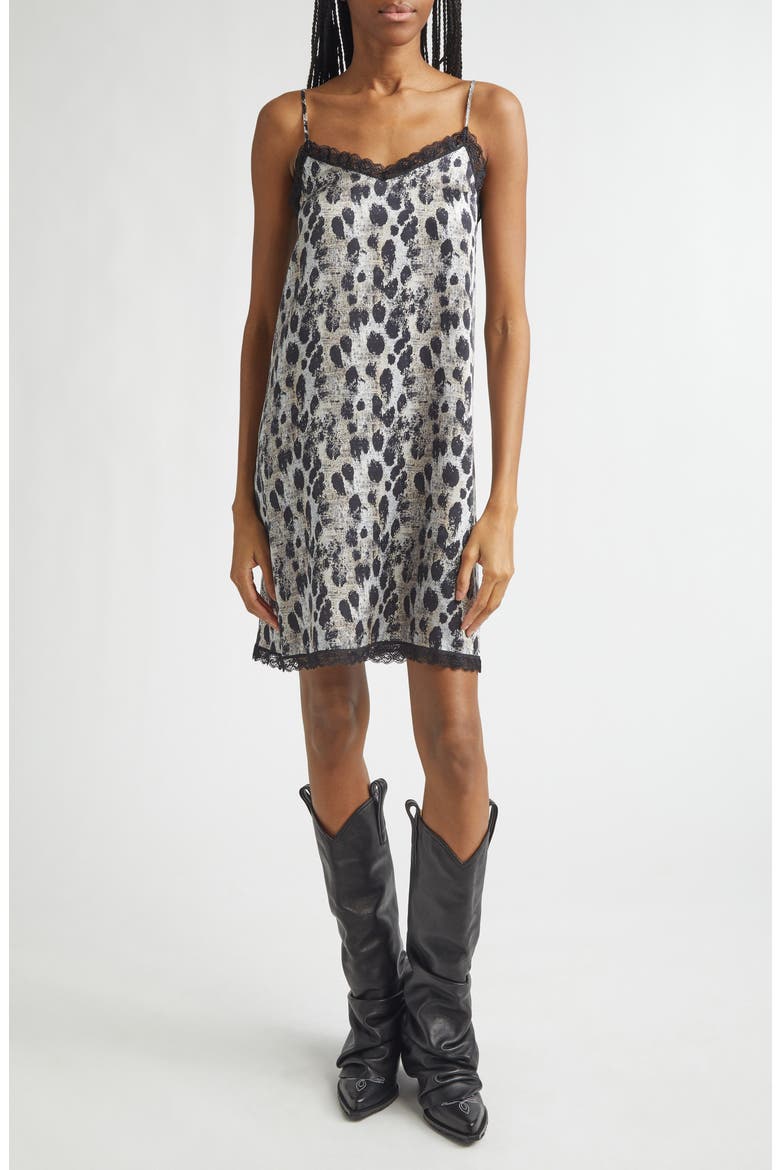 Lace Trim Leopard Print Silk Slipdress, Main, color, BLACK SILVER LEOPARD