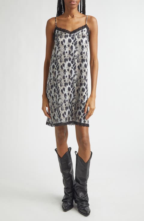 Lace Trim Leopard Print Silk Slipdress