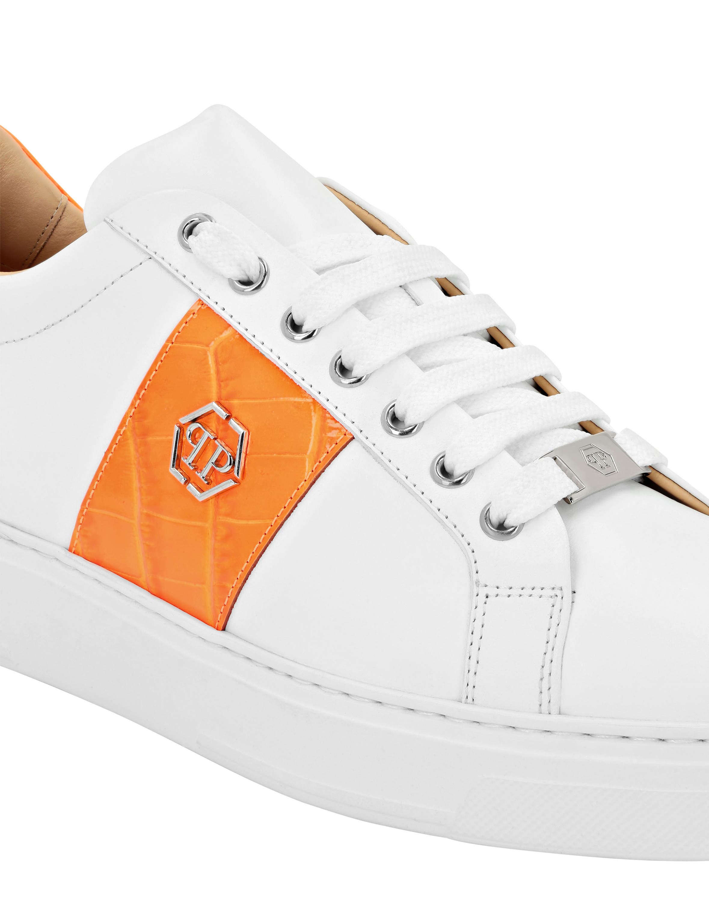 Mix Leather Lo-Top Sneakers Hexagon Unisex, Alternate, color, White/orangefluo