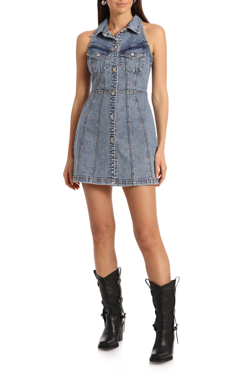 Avec Les Filles Sleeveless Denim Halter Minidress, Main, color, 