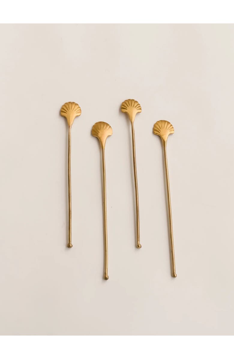 Fleck Seashell Drink Stirrers - Set of 4, Main, color, Brass