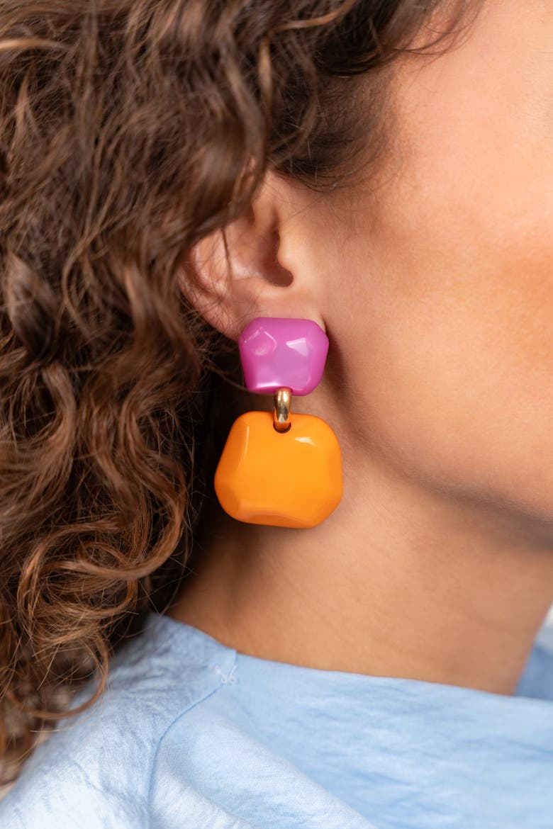Resin Double Statement Earrings in Light Fuchsia & Orange, Alternate, color, Light Fuchsia, Orange