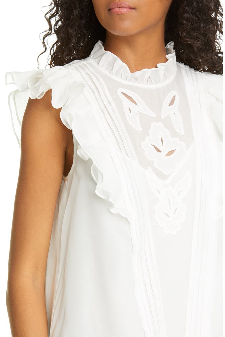 Hana Embroidered Ruffle Sleeve Silk Top, Alternate, color, SNOW