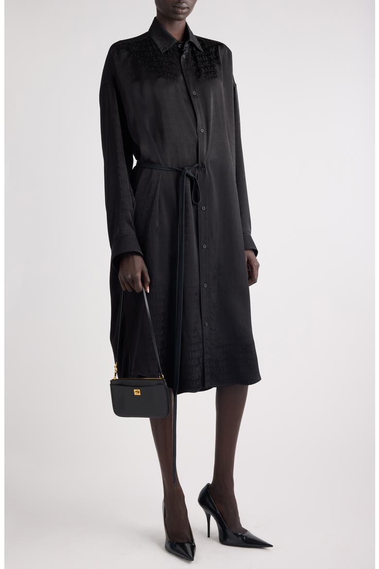 Cocoon Logo Jacquard Oversize Long Sleeve Satin Shirtdress, Alternate, color, 1000 BLACK