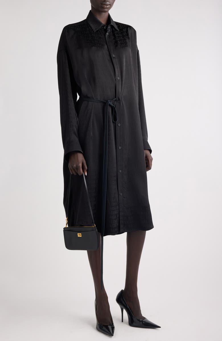 Balenciaga Cocoon Logo Jacquard Oversize Long Sleeve Satin Shirtdress, Alternate, color, 1000 Black