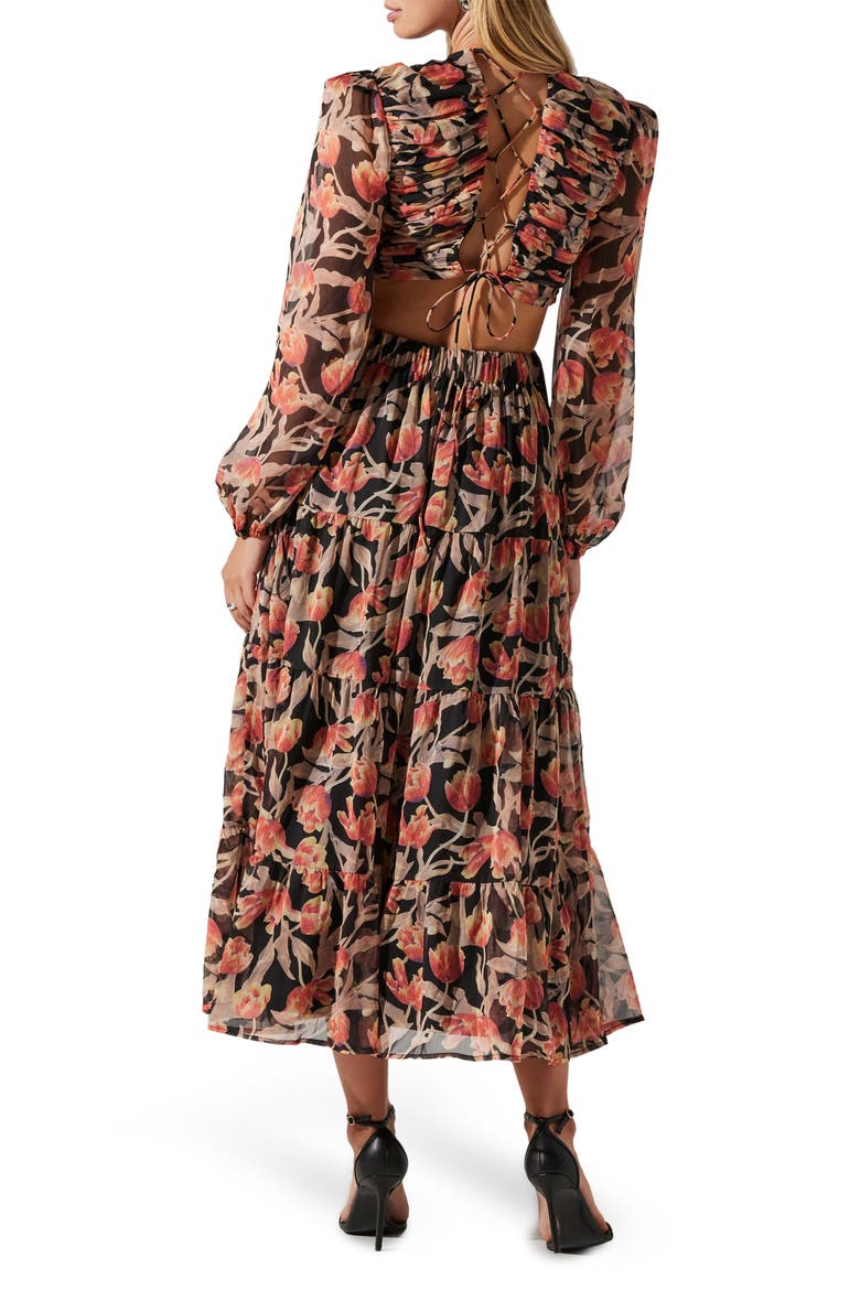 Floral Print Lace-Up Back Long Sleeve Tiered Maxi Dress, Alternate, color, ORANGE BLACK FLORAL