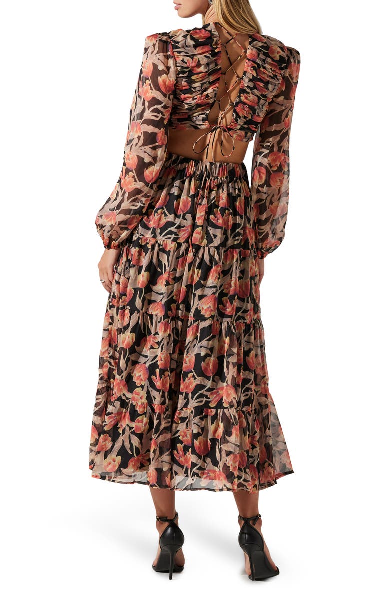 ASTR the Label Floral Print Lace-Up Back Long Sleeve Tiered Maxi Dress, Alternate, color, 