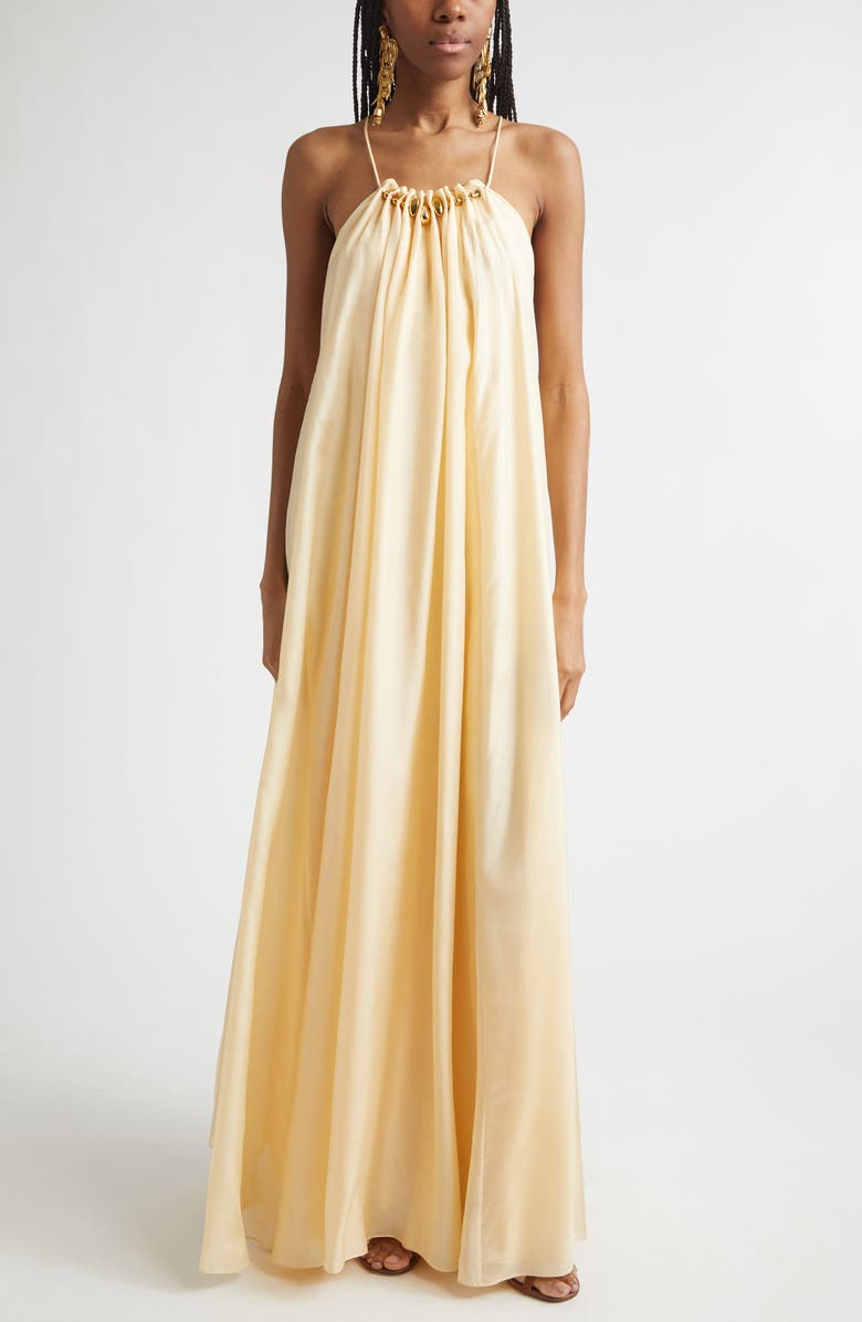 Zimmermann Aster Gathered Bead Silk Maxi Dress, Main, color, Cream