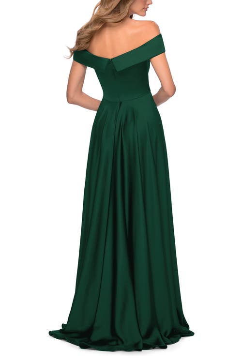 La Femme Satin Off The Shoulder Evening Dress With Pockets In Emerald