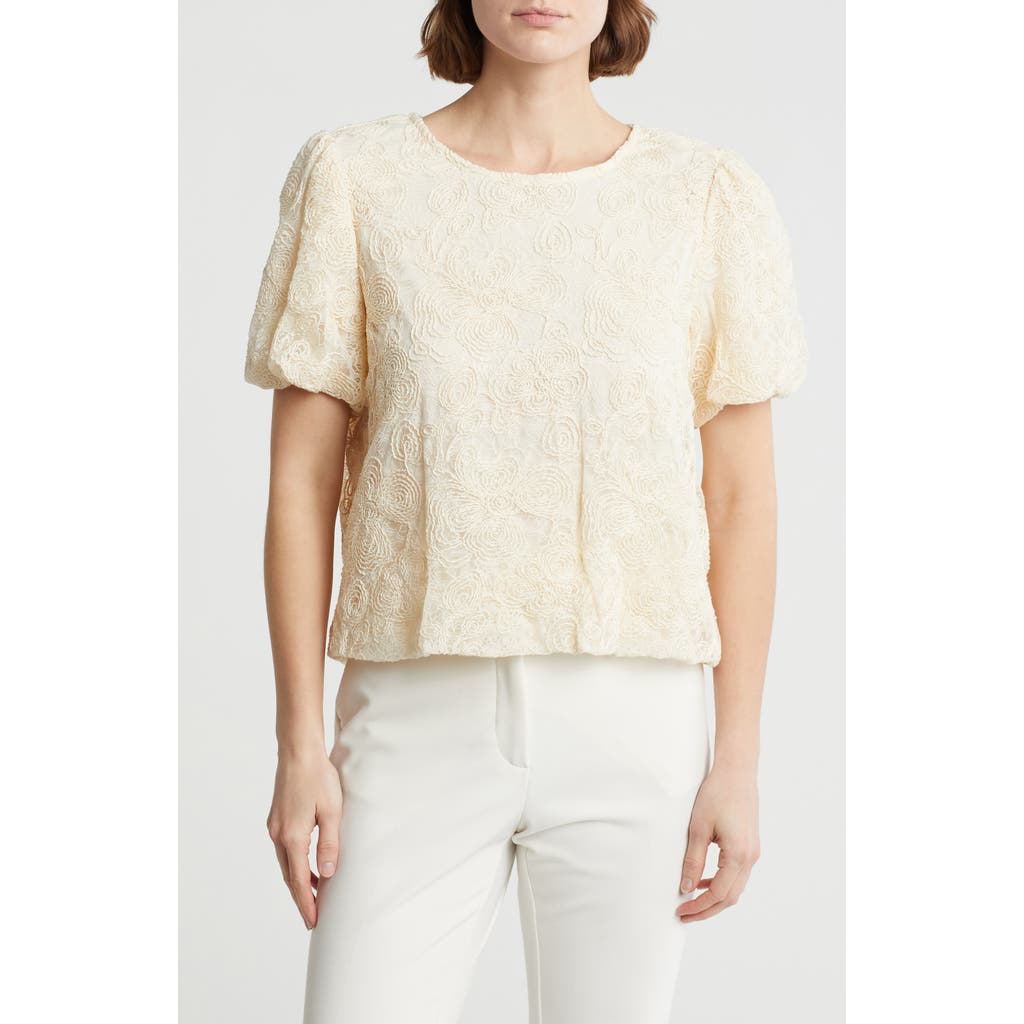 ADRIANNA PAPELL ADRIANNA PAPELL FLORAL EMBROIDERED PUFF SLEEVE CROP TOP