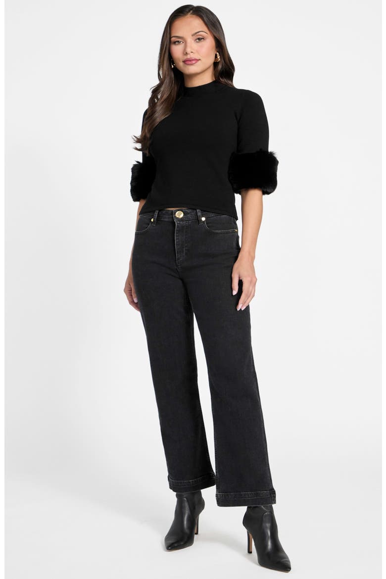 Faux Fur Cuff Festive Sweater, Alternate, color, JET BLACK-BLACK