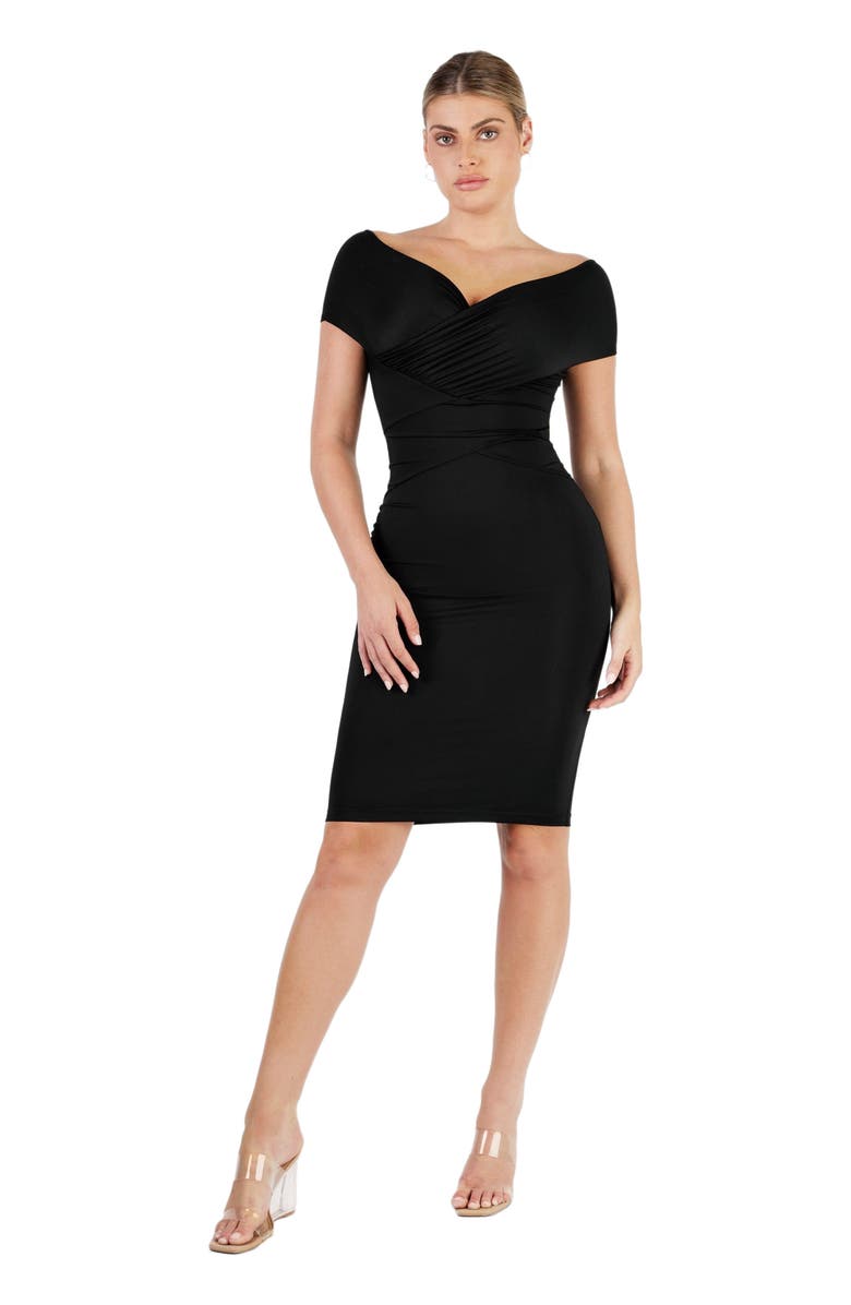 Popilush Shapewear Ruched Off-Shoulder Sculpting Midi Dress, Alternate, color, Midnight Black