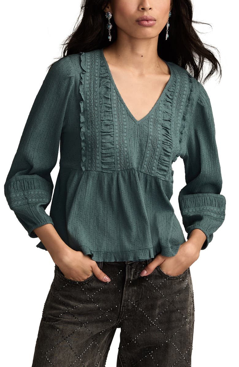 Lucky Brand Lace Accent Cotton Peplum Top, Main, color, Stormy Weather