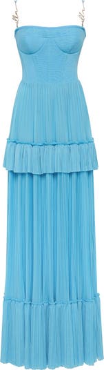 Sky-Blue Spaghetti Strap Pleated Maxi Dress