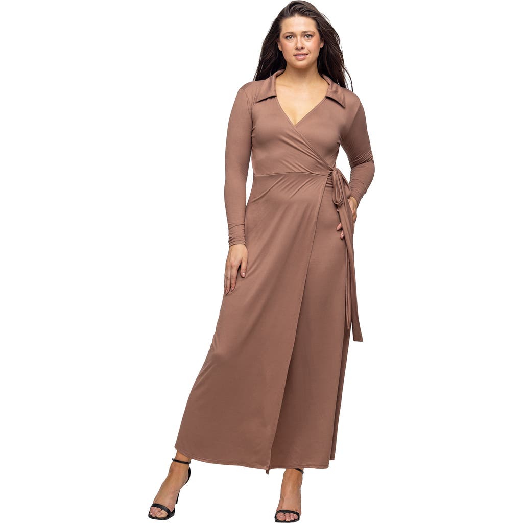 24seven Comfort Apparel Comfortable Collared Wrap Maxi Dress In Brown