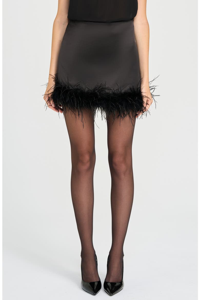 x Rose Lola Studio Faux Feather Trim Miniskirt, Main, color, BLACK