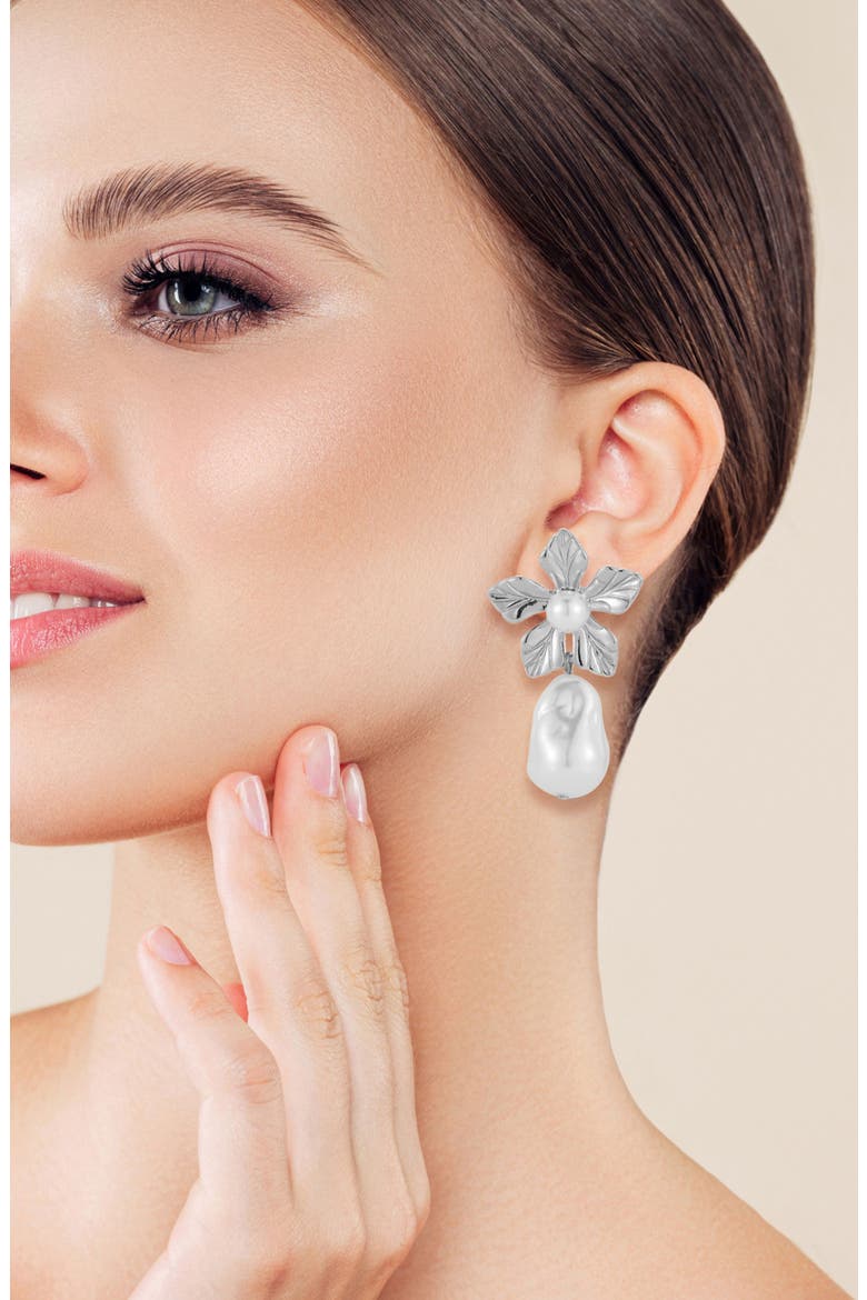 Faux Pearl Flower Drop Earrings, Alternate, color, SILVER