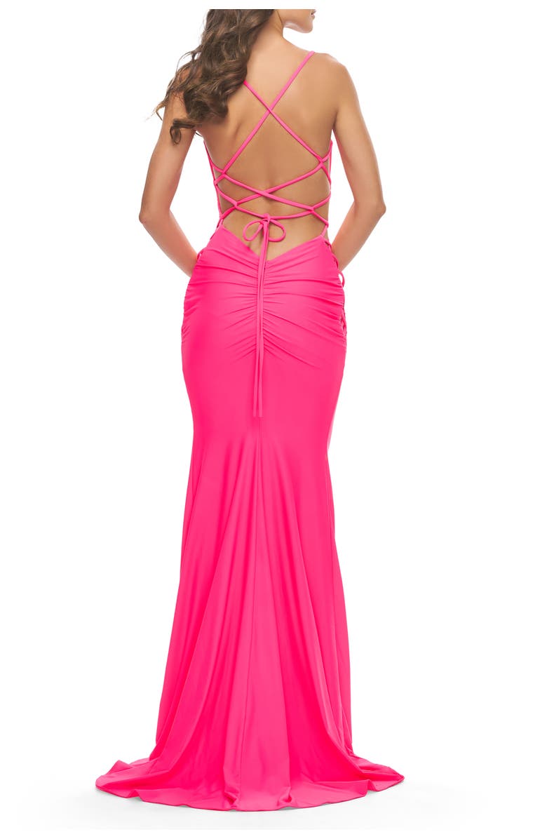 La Femme Unique Jersey Dress with Open Criss Cross Sides in Neon, Alternate, color, Neon Pink