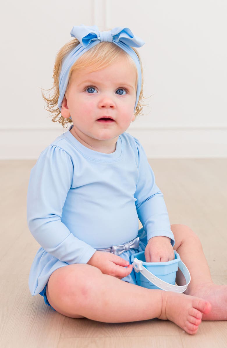 RuffleButts Princess One-Piece Rashguard Swimsuit & Bow Head Wrap Set, Alternate, color, Blue