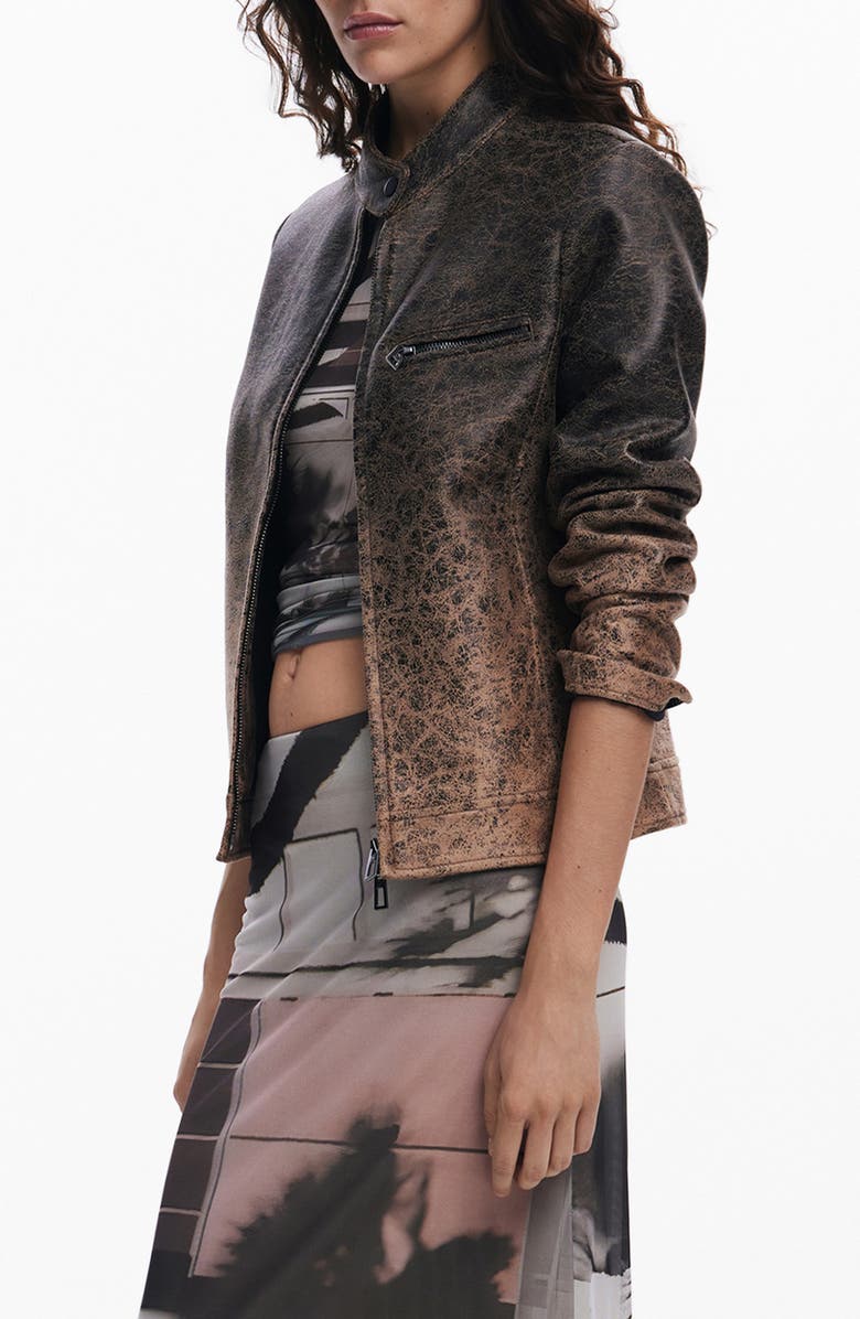 Desigual Distressed Faux Leather Hybrid Jacket, Alternate, color, Brown