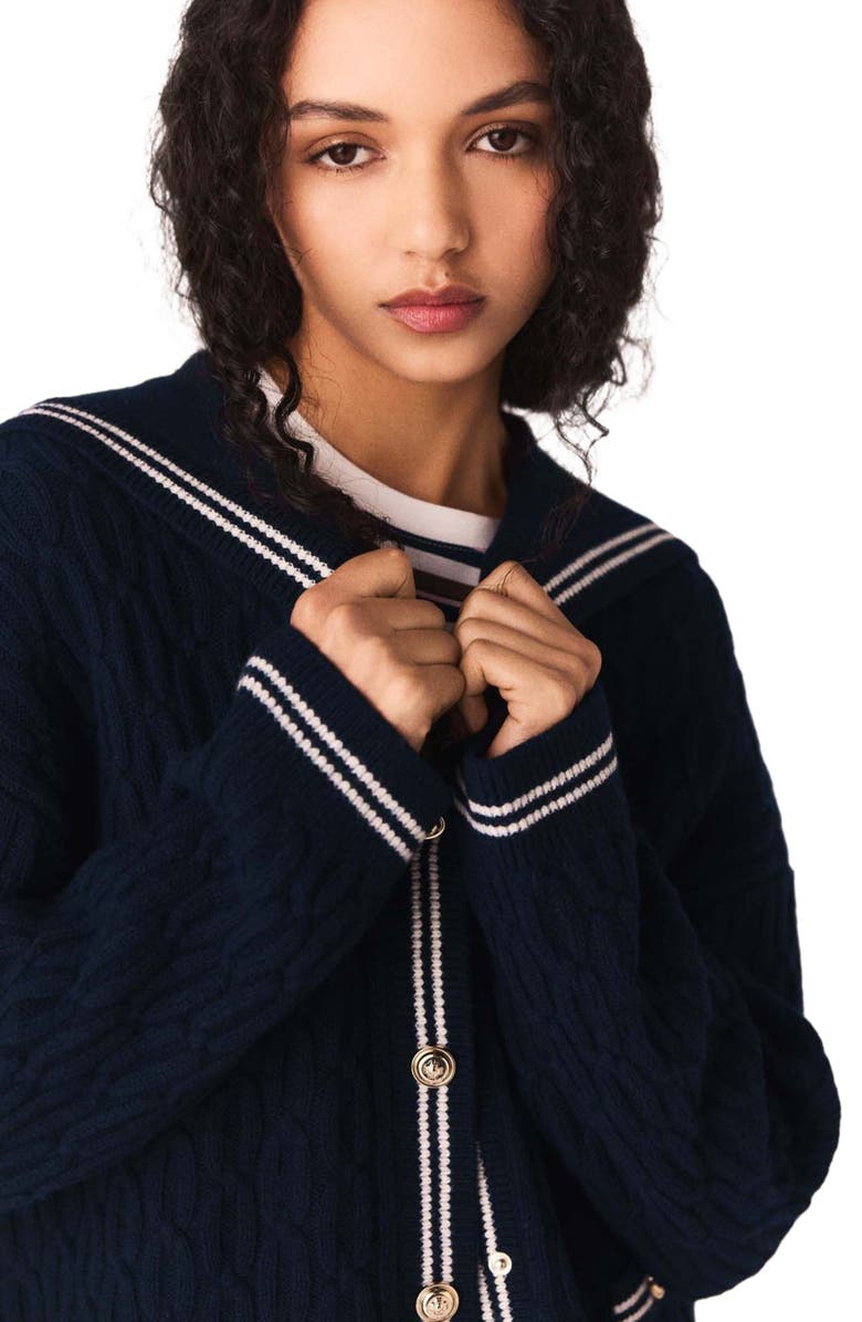 maje Boat neck cable-knit cardigan, Alternate, color, Navy