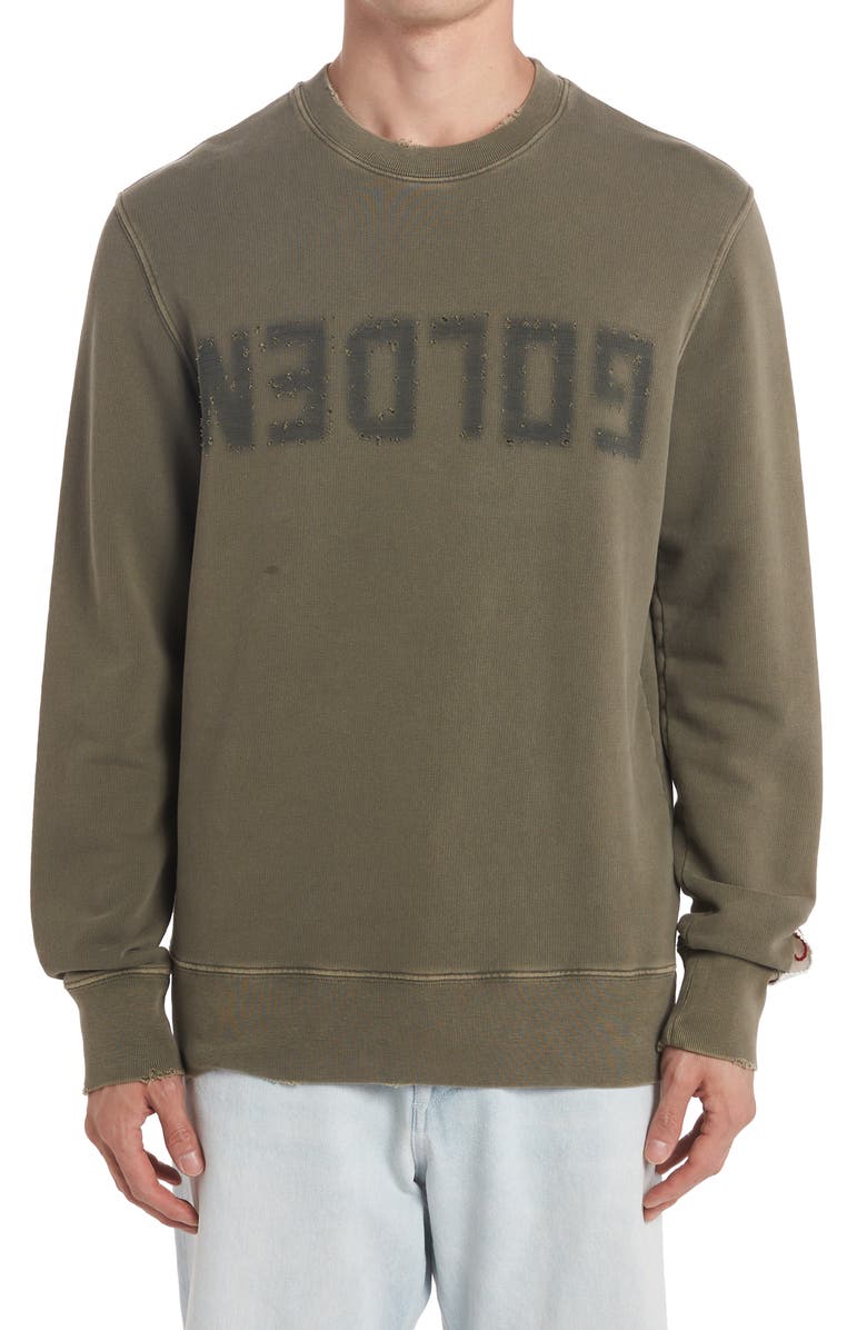 Golden Goose Distressed Logo Graphic Sweatshirt, Main, color, Dusty Olive