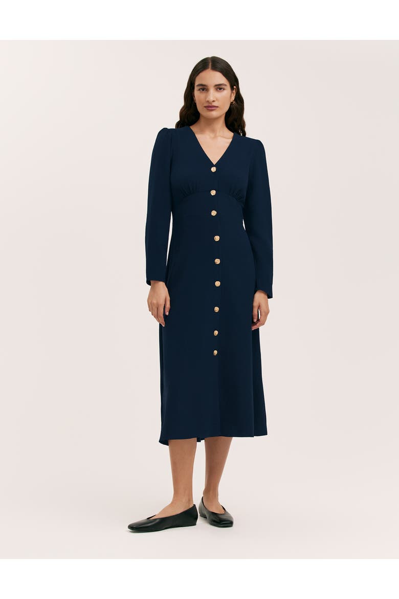 Caprice Long Sleeve Crepe Midi Dress, Main, color, Navy