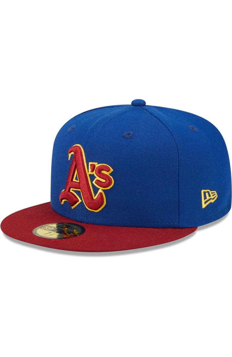 New Era Men's New Era Royal/Red Oakland Athletics Throwback Logo Primary Jewel Gold Undervisor 59FIFTY Fitted Hat, Alternate, color, 